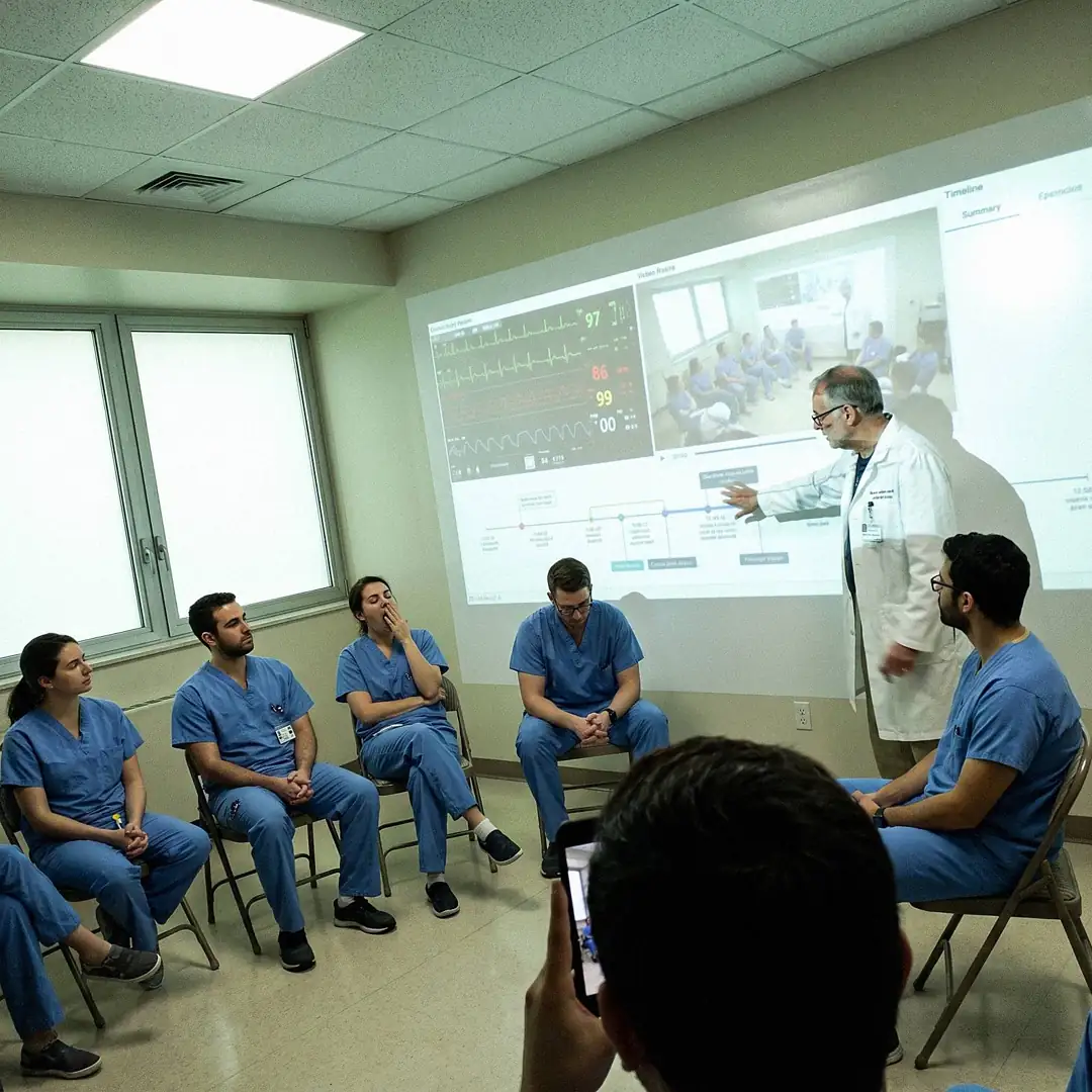 Residentes revisan signos vitales del caso simulado en una sesión de debriefing