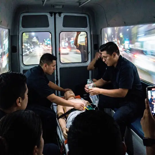 Paramédicos en formación dentro de una ambulancia simulada con calle proyectada
