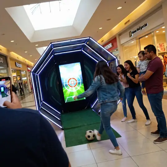 Adolescente patea un balón en un octágono interactivo dentro de una plaza comercial