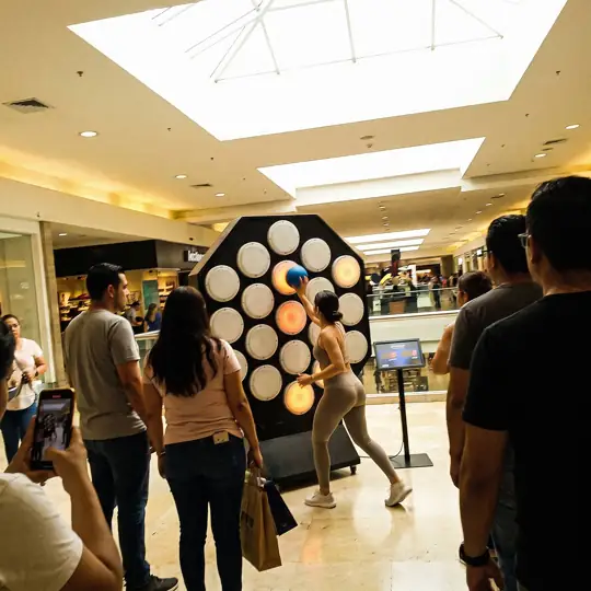 Mujer golpea botones luminosos en un módulo de reflejos hexagonal en una activación